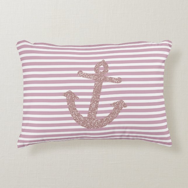 Pink Stripes Nautical Anchor Decorative Cushion (Front)