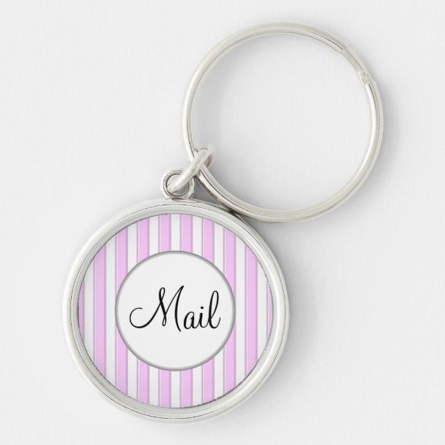 Pink Stripes on White Mail Key Keychain (Front)
