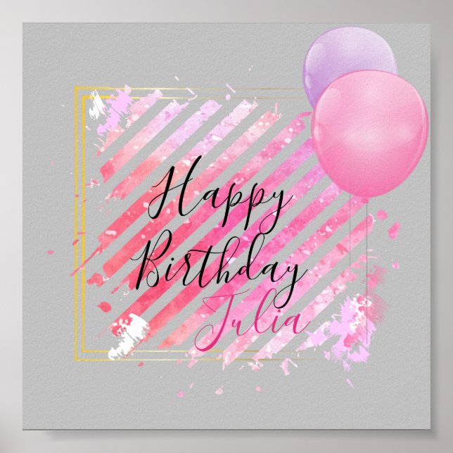 Pink Stripes Paint Brush Strokes and Balloons Poster (Front)