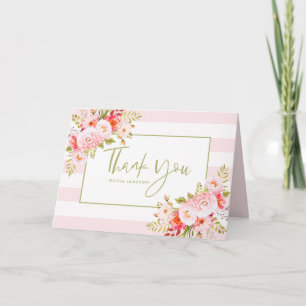 Pink Stripes Peonies Floral Thank You Card
