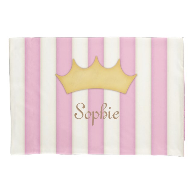 Pink Stripes Personalised Crowned Girl's Princess Pillowcase (Front)