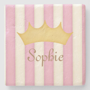 Pink Stripes Personalised Name Princess Crown Stone Coaster