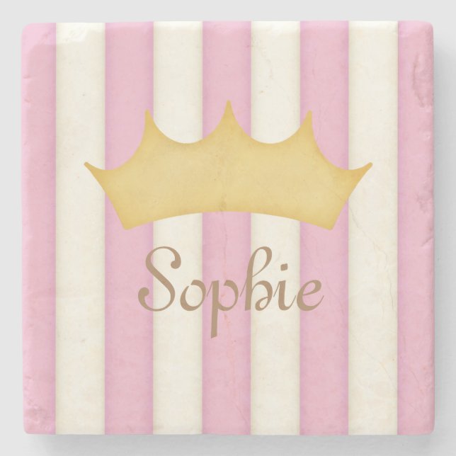 Pink Stripes Personalised Name Princess Crown Stone Coaster (Front)