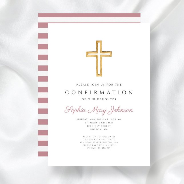 Pink Stripes Religious Cross Girl Confirmation Invitation (Pink Stripes Religious Cross Girl Confirmation Invitation)