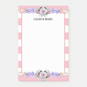 Pink Stripes Rose Personalised Floral Post-It Note
