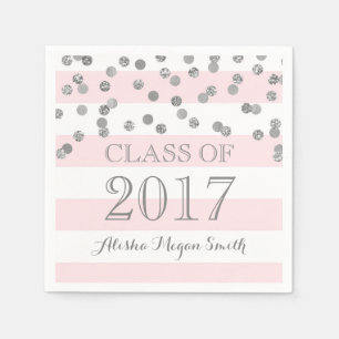Pink Stripes Silver Confetti  2017 Graduation Napkin