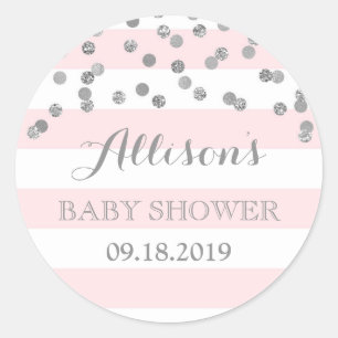 Pink Stripes Silver Confetti Baby Shower Favour Classic Round Sticker