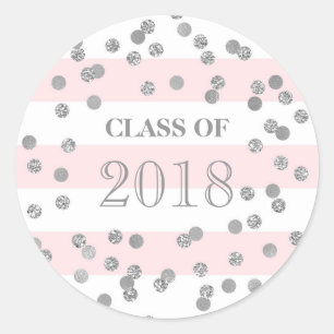 Pink Stripes Silver Confetti Grad Class 2018 Classic Round Sticker