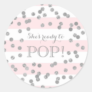 Pink Stripes Silver Confetti She's Ready to Pop Classic Round Sticker