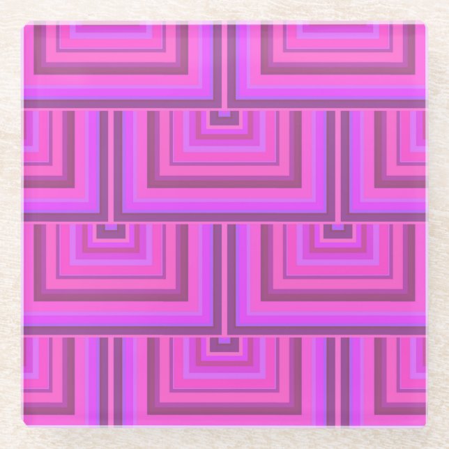 Pink stripes square scales pattern glass coaster (Front)