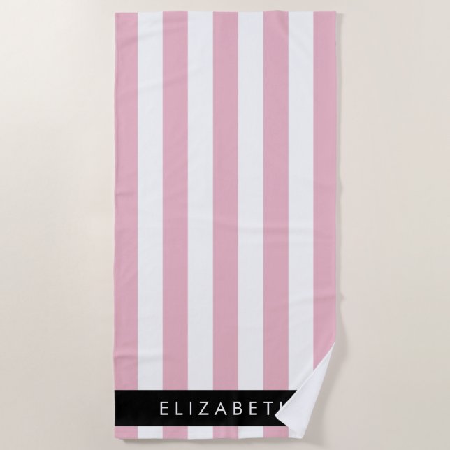 Pink Stripes, Striped Pattern, Lines, Your Name Beach Towel (Front)