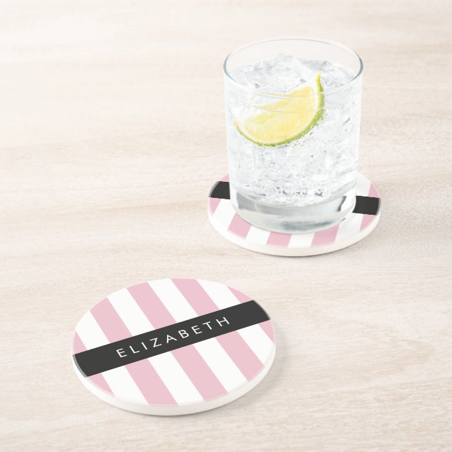 Pink Stripes, Striped Pattern, Lines, Your Name Coaster (Side)