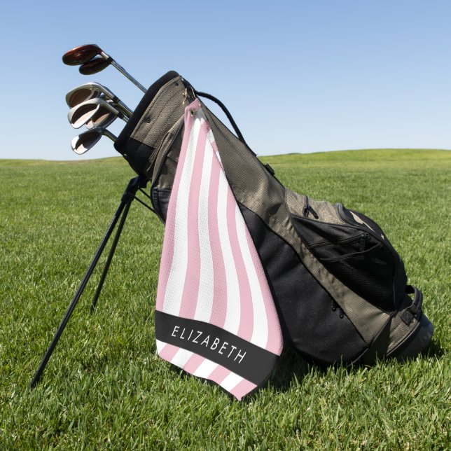 Pink Stripes, Striped Pattern, Lines, Your Name Golf Towel (Green)