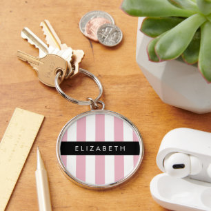 Pink Stripes, Striped Pattern, Lines, Your Name Key Ring
