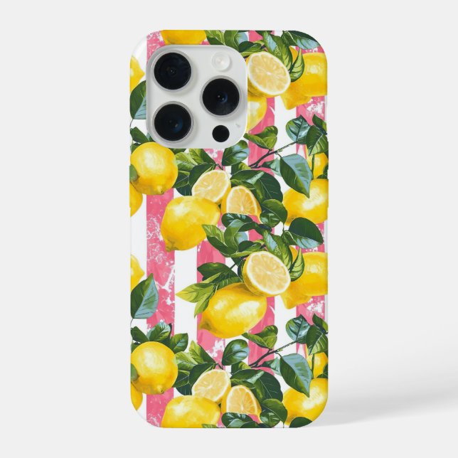 Pink Stripes Summer Lemon Pattern iPhone Case (Back)