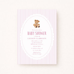  Pink Stripes Teddy Bear Baby Shower Invitation