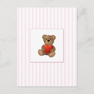 Pink Stripes - Teddy Bear with Valentines Heart Holiday Postcard