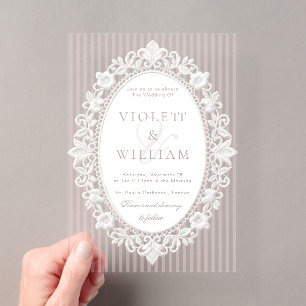 Pink Stripes Vintage Lace Old Money Wedding Acrylic Invitations