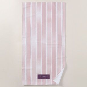 Pink Stripes Watercolor Boardwalk Name on Beach Towel