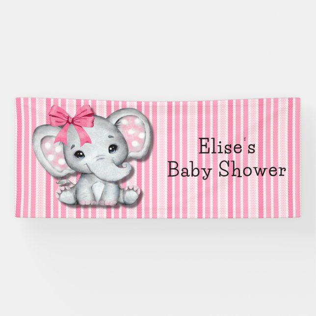 Pink Stripes Watercolor Elephant Girl Baby Shower Banner (Horizontal)