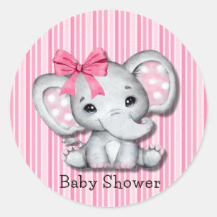 Pink Stripes Watercolor Elephant Girl Baby Shower Classic Round Sticker