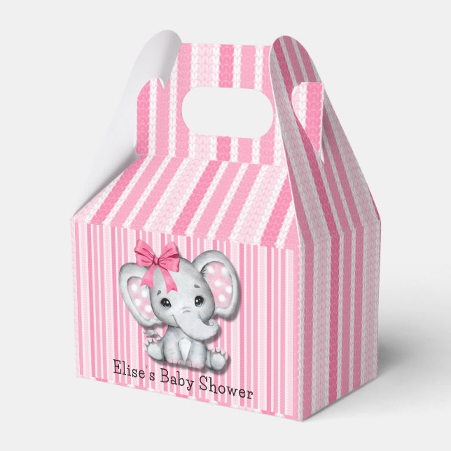Pink Stripes Watercolor Elephant Girl Baby Shower Favour Box (Front Side)