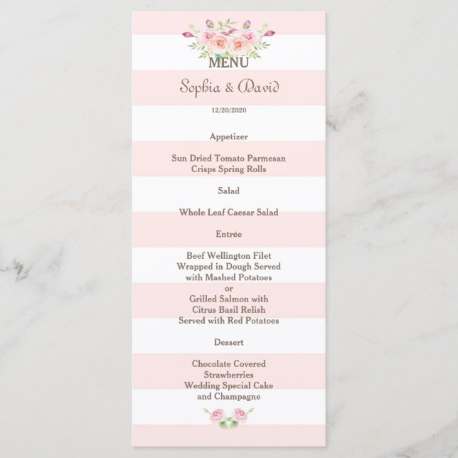 Pink Stripes Watercolor Flowers Wedding Menu (Front)