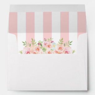 Pink Stripes Watercolor Flowers Wedding Monogram Envelopes