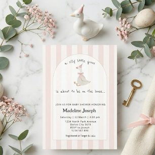 Pink Stripes Watercolor Goose Girl Baby Shower Invitation