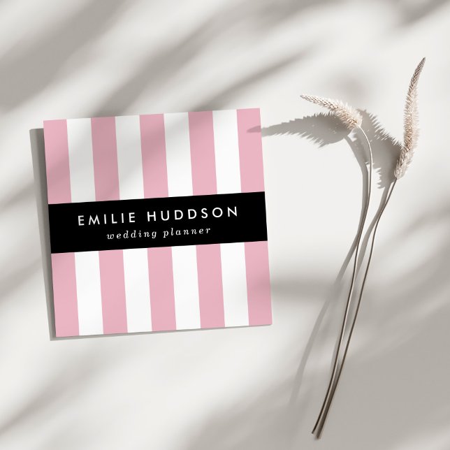 Pink Stripes, White Stripes, Striped Pattern Square Business Card (Creator Uploaded)