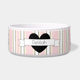 Pink Stripes with Black Heart Dog Food Bowl HAMbWG