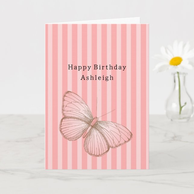 Pink Stripes with Butterfly Birthday Card (Small Plant)