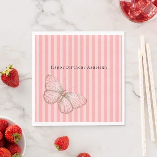 Pink Stripes with Butterfly Birthday Napkin (Insitu)