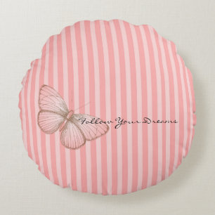 Pink Stripes with Butterfly Round Cushion