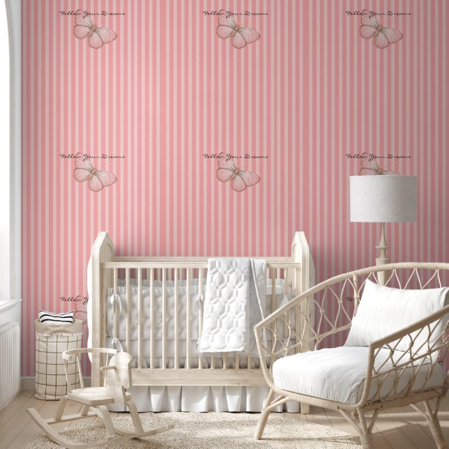 Pink Stripes with Butterfly Wallpaper (Kids)
