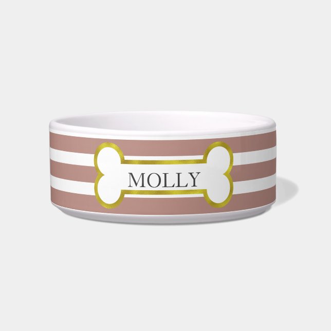 Pink Stripes with Gold Bone Personalised Pet Bowl (Front)