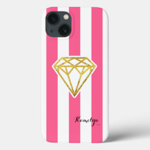 Pink Stripes with Gold Foil Diamond iPhone 13 Case