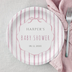 Pink Stripes with Scalloped Frame Girl Baby Shower Paper Plate