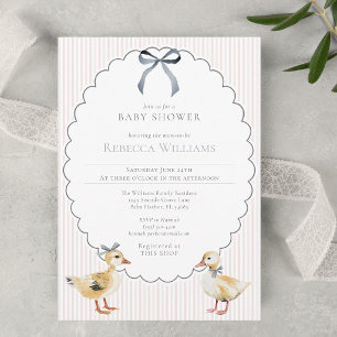 Pink Stripes Woodland Duckling Bow Baby Shower Invitation