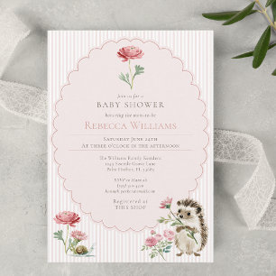Pink Stripes Woodland Hedgehog Baby Shower Invitation