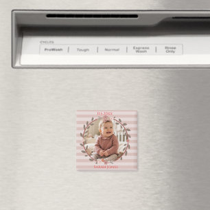 Pink Stripes Wreath Baby Photo Magnet