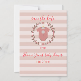 Pink Stripes Wreath Baby Shower Save the Date Magnetic Invitation