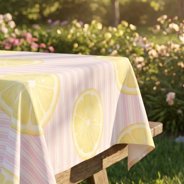 Pink Stripes Yellow Lemon  Tablecloth (Creator Uploaded)
