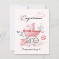 Pink Stroller baby girl congratulations card