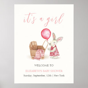 Pink Stroller Bunny Balloon Baby Shower Welcome Poster