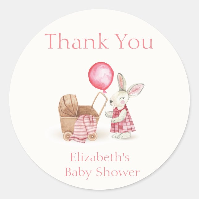 Pink Stroller Bunny Balloon Girl Baby Shower  Classic Round Sticker (Front)
