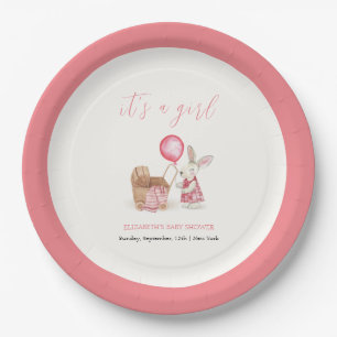 Pink Stroller Bunny Balloon Girl Baby Shower Paper Plate