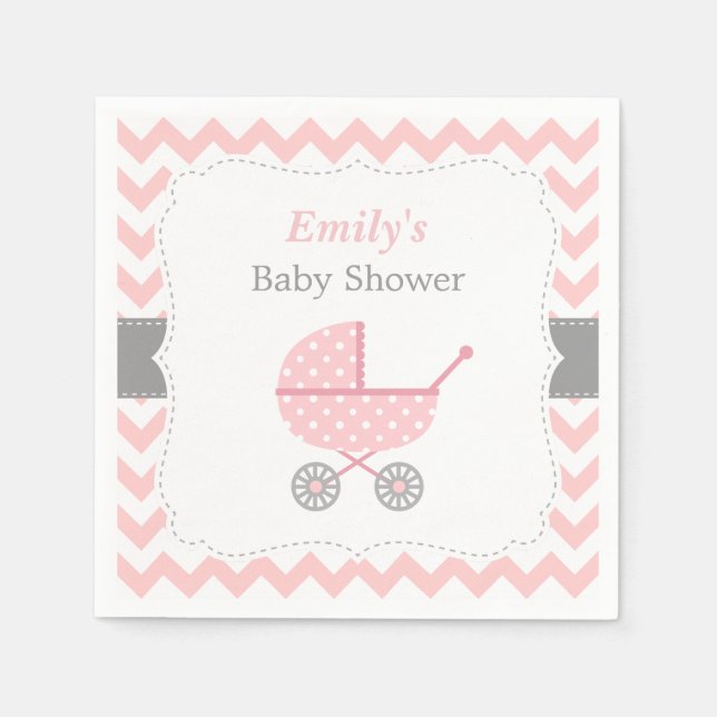 Pink Stroller Chevron Baby Girl Shower Napkins (Front)