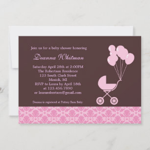 Pink Stroller with Balloons Baby Shower Invitation