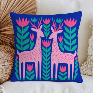 Pink Stylised Deers on Navy Blue Modern Woodland Cushion